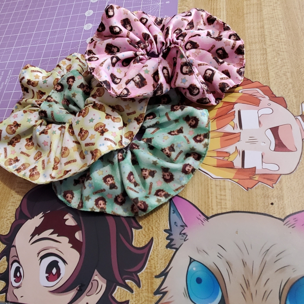 Anime Character Hair Scrunchie Set - Pink, Cream, Green